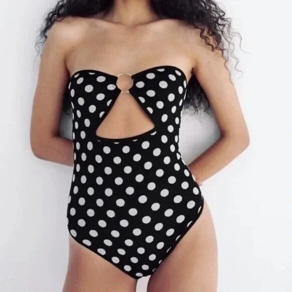 Zara Polka Dot Ring Detail Strapless Bodysuit Black  White XS/S - Picture 2 of 7